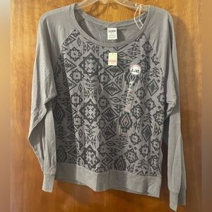 PINK Victoria’s Secret Long Sleeve Grey Top Black Designs Women’s Medium NWT